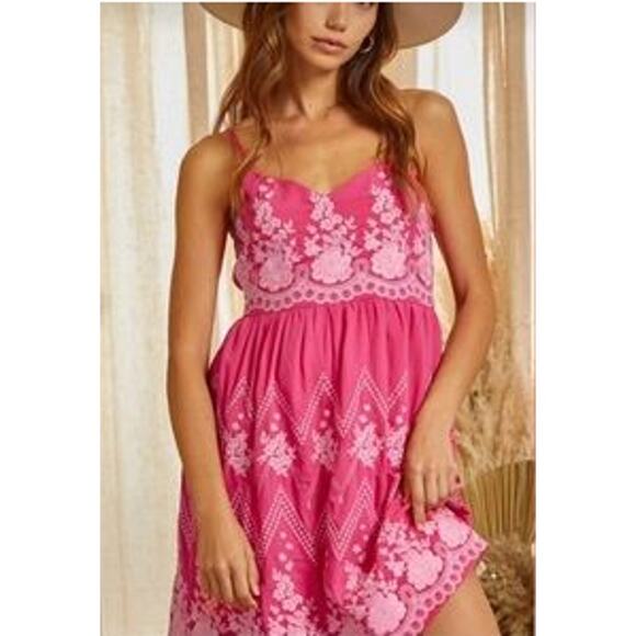 Savannah Jane Pink Embroided Sweetheart Mini Dress Women LG Vacation Resort Boho - Picture 8 of 12